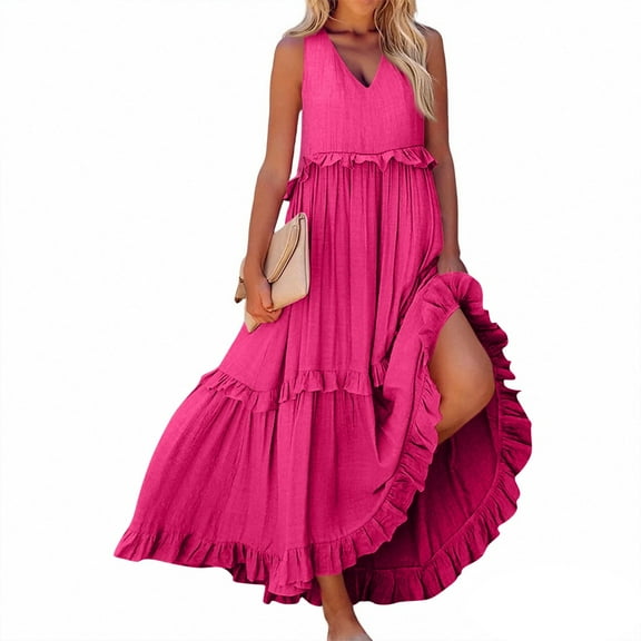 LTTVQM Hot Pink Dresses for Women Spring Casual Sleeveless Maxi Dresses Boho V Neck Ruffle Tiered Sundress Loose Fit Long Dress with Pockets Hot Pink L