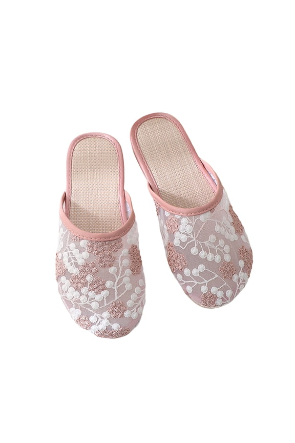 House Slippers for Women Mesh Embroidered Floral Print Comfy Closed Toe Flats Soft Sole Lightweight Outdoor Indoor Breathable Non-Slip Slippers Pink 36(US-5.5)