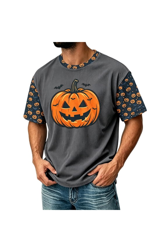 Jack O Lantern Printed Short Sleeve Top For Men Classic Plain Tone Horror Pumpkin Face Sleeve Soft Breathable Daily Vacation Party Blouse Dark Gray 4XL