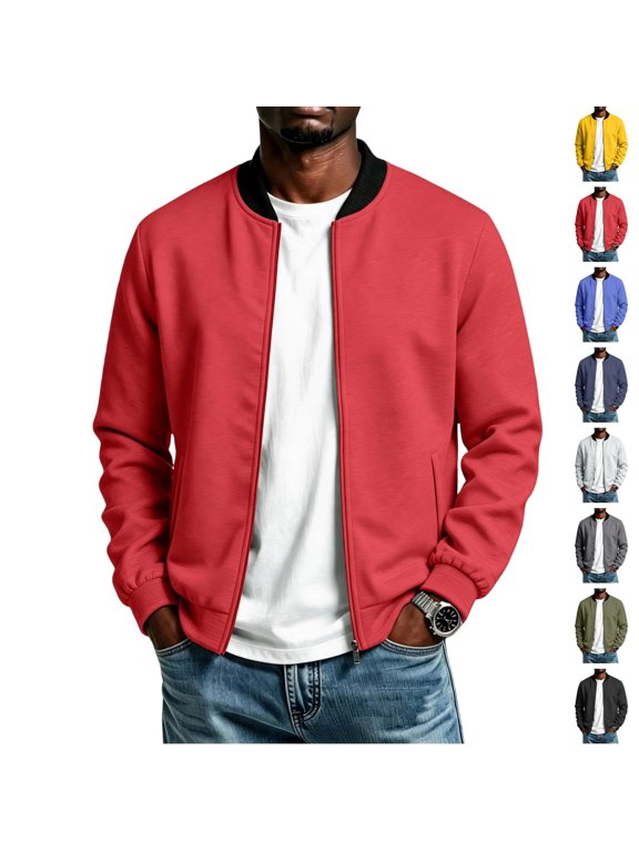 Jacket For Men Wind Resistant Light Bomber Jacket Solid Plain Zip Up Long Sleeve Relax Fit Commuting Casual Coat Red 2XL
