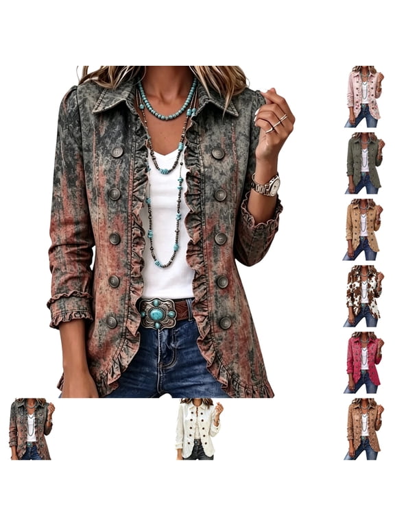 Jacket For Women Floral Print Vintage Outerwear Lapel Ruffle Trim Blazer Double-Breasted Long Sleeve Casual Shirt Coat