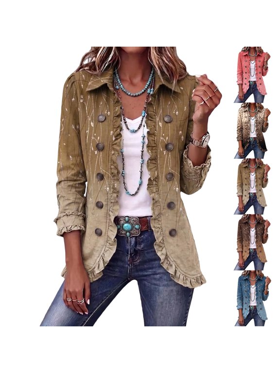 Jacket For Women Gradient Embroidery Outerwear Lapel Ruffle Trim Blazer Double-Breasted Long Sleeve Casual Shirt Coat