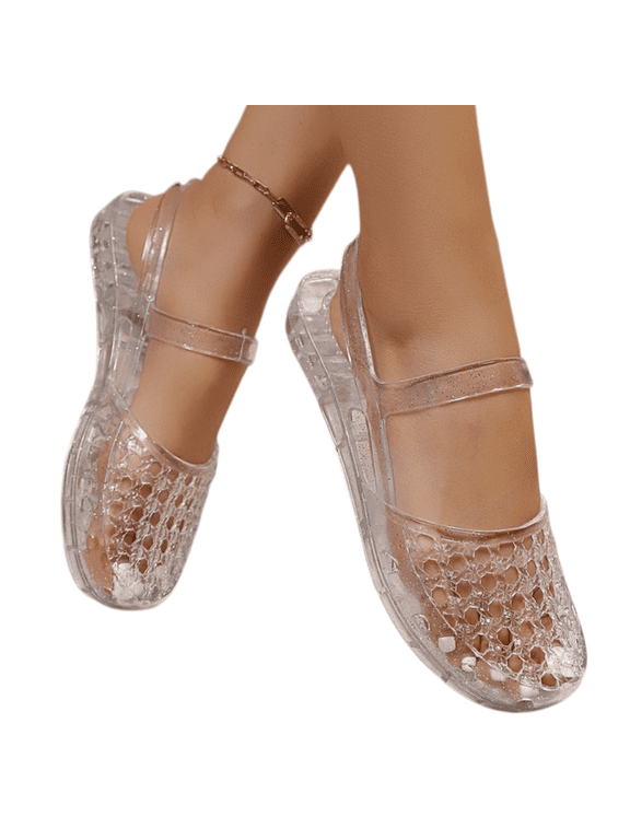 Jelly Sandals for Women Slingback Clear Transparent Mary Jane Jelly Shoes with Arch Support Comfortable Breathable Closed Toe Slip On Flat Beach Slides with Ankle Strap White 41(US-8.5)