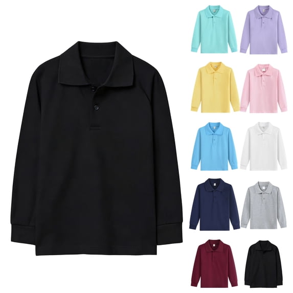 LTTVQM Junior Girls Polo Uniform Shirts School Long Sleeve Top Casual Button Down Tennis T-Shirts 2026 New with Collar Polo Shirts Comfy Blouse Black 10-12 Years