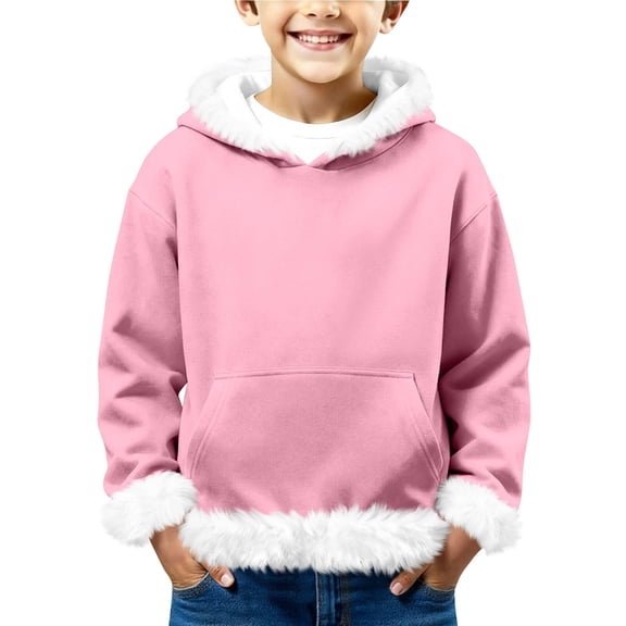 LTTVQM Kids Boys Christmas Santa Hoodie Long Sleeve Fleece Sherpa Lined Pullover Faux Fur Trim Furry Sweatshirts Warm Sweater Pink 11-12 Years