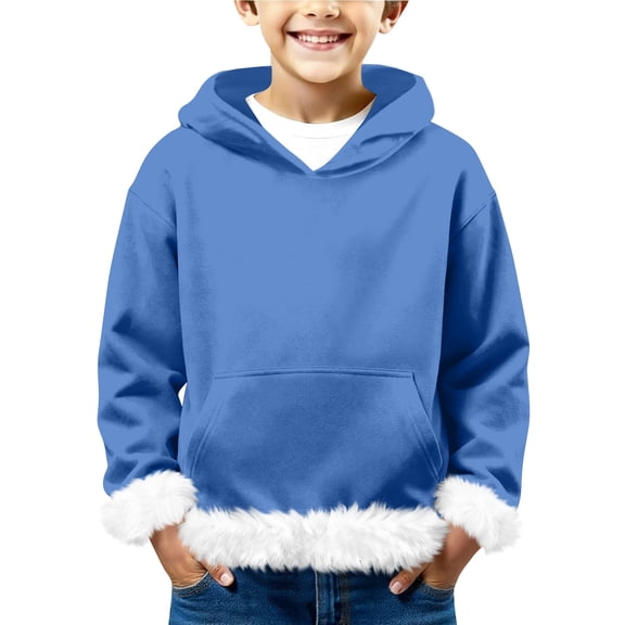 LTTVQM Kids Boys Girls Christmas Hoodies Cute Fleece Sherpa Lined Santa Pullover Loose Fit Long Sleeve Fashion Faux Fur Trim Furry Sweatshirtss Blue 5-6 Years