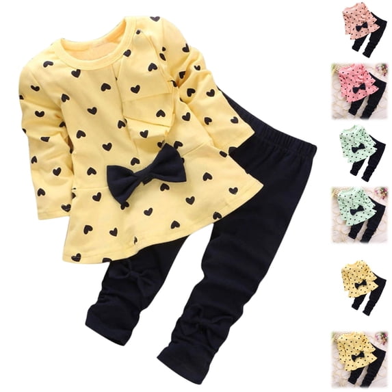 LTTVQM Kids Girls Clothes Cute Heart-Shaped Print Bow Tops Tee Shirt + Pants Leggings 2Pcs Outfits Set