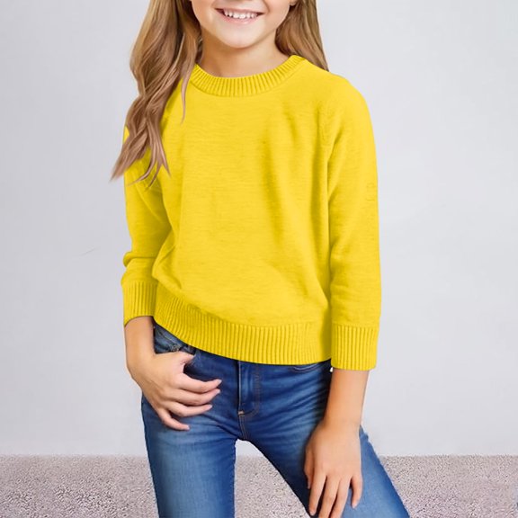 LTTVQM Kids Girls Sweatshirts Cotton Knit Size 6-7 Long Sleeve Fall Casual Crew Neck Sweaters Lightweight Pullover Top Trendy Blouses for Teen Girls Yellow 6-7