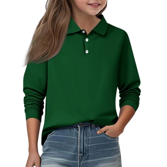 LTTVQM Kids Girls Uniforms Tops for School Long Sleeve Top Casual Button Uniform Shirts 2025 New with Collar Polo Shirts Workout Blouse Army Green 3-4 Years