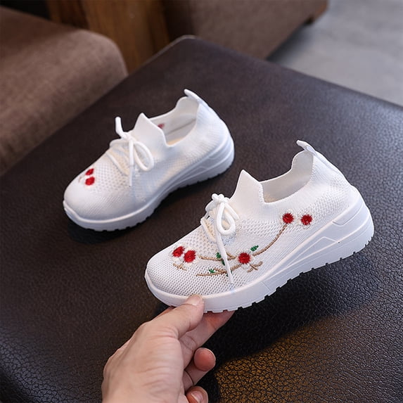 LTTVQM Kids Orthopedic Sneakers Floral Embroidery Knit Lace Up Slip On Platform Sneakers Breathable Mesh Lightweight Anti-Slip Casual Outdoor Indoor Walking Shoes with Arch Support White 10 Toddler