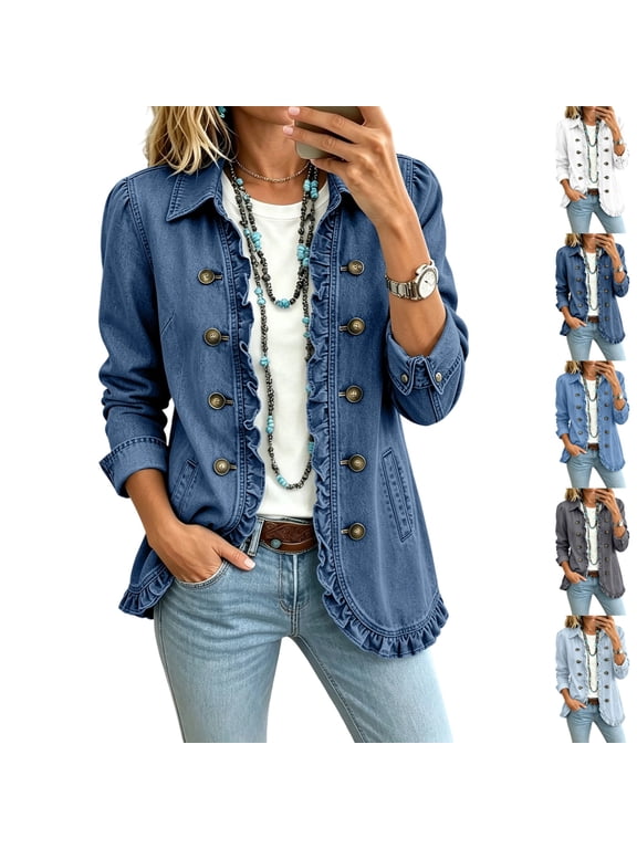 Ladies Button Down Denim Jacket Ruffled Long Sleeve Open Front Cropped Jean Coat Jackets