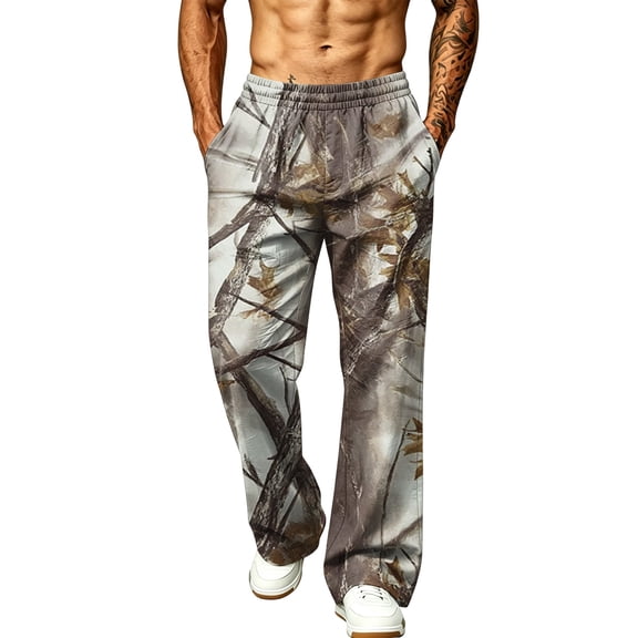 LTTVQM Leaf Print Camouflage Full Length Pants for Men 2026 Mixed Scenic Rural Woodland Camo Breathable Light Fabric Multi Pocket Casual Wide Leg Pants Camel 3XL