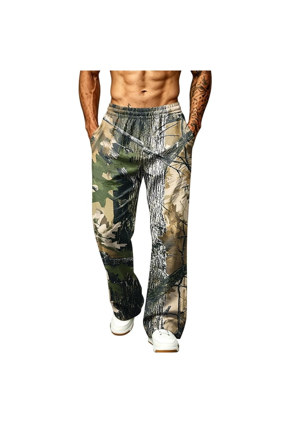 Leaf Print Camouflage Full Length Pants for Men 2026 Scenic Tree Camo Adjustable Drawstring Relaxed Fit Beach Walking Wide Leg Trousers Brown M