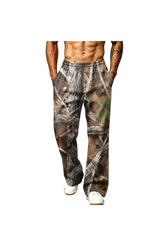 Leaf Print Camouflage Full Length Pants for Men 2026 Scenic Wild Woodland Camo Adjustable Drawstring Relaxed Fit Beach Walking Wide Leg Trousers Camel XL