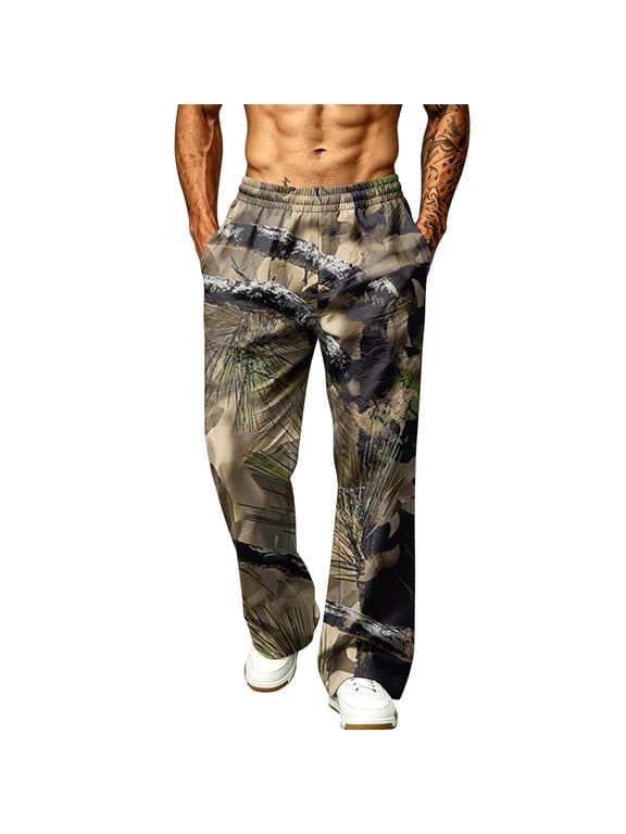 Leaf Print Camouflage Full Length Pants for Men 2026 Wild Scenic Realtree Leaf Camo Dual Side Deep Pockets Loose Fit Outdoor Hunting Wide Leg Pants Brown 2XL