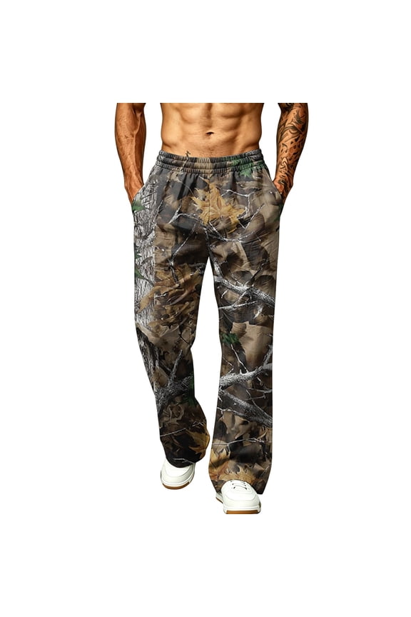 Leaf Print Camouflage Full Length Pants for Men 2026 Wild Scenic Realtree Leaf Camo Dual Side Pockets Lightweight Summer Wide Leg Casual Pants Coffee 3XL