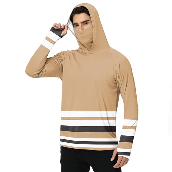 LTTVQM Lightweight Cooling Long Sleeve Hooded Rash Guard UPF 50+ Horizontal Stripe Printed Attached Full Face Mask Multi Scene Outdoor Sports Top Coffee S