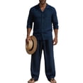 thumbnail image 1 of LTTVQM Lightweight Plain Solid Cotton Linen Two Piece Outfit Camp Collar Long Sleeve Shirt Wide Leg Pants for Men Relaxed Fit Daily Vacation Casual Suit Blouse Navy XL, 1 of 7