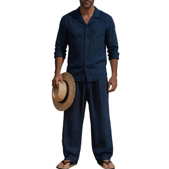 LTTVQM Lightweight Plain Solid Cotton Linen Two Piece Outfit Camp Collar Long Sleeve Shirt Wide Leg Pants for Men Relaxed Fit Daily Vacation Casual Suit Blouse Navy XL