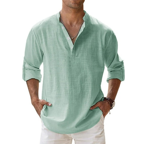 LTTVQM Linen Shirts for Men 2026 Henley Vintage Button Up Long Sleeve Tops Regular Fit Casual Beach Vacation Summer Work Blouse Mint Green L