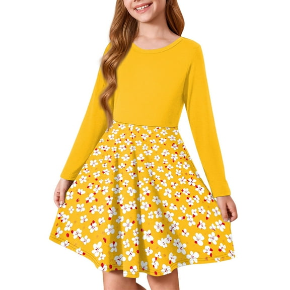 LTTVQM Little Girl Cute Dresses 7-8 Summer Casual Floral Long Sleeve Midi Dress Swing Round Neck Sundress Soft A-Line Dress Yellow