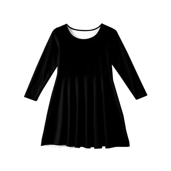 LTTVQM Little Girl Cute Dresses Size 5-6 Summer Casual Solid Color Long Sleeve Midi Dress Swing Crew Neck Sundress Fashion Church Dress Black