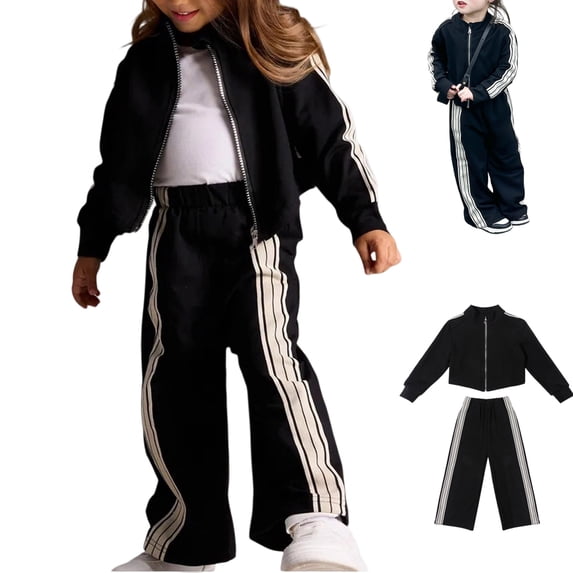 LTTVQM Little Girl Matching Set Fashion Striped Sport Stand Collar Zip Jacket Side Stripe Wide Leg Trousers Daily Play Outfit