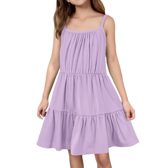 LTTVQM Little Girls Dresses 7-8 Summer Casual Solid Color Sleeveless Ruffle Hem Midi Dress Flowy Square Neck Sundresses Comfy A-Line Dress Light Purple 7-8 Years