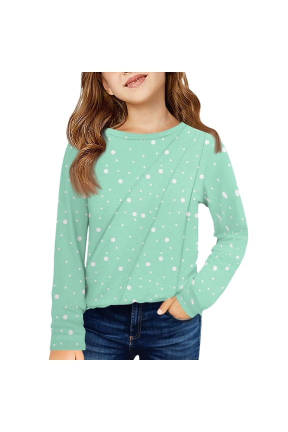Little Girls Tunic Tops Size 7-8 Long Sleeve Casual Fall Winter Polka Dots Graphic Tunic Blouses Cute Round Neck Pullover Trendy T-Shirts Mint Green 7-8 Years