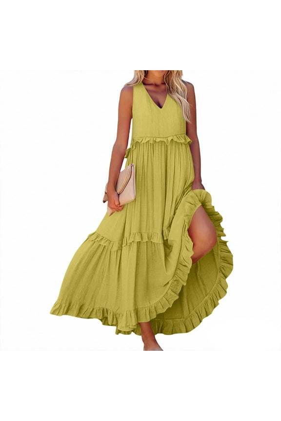 Long Dresses for Women Spring Casual Sleeveless Maxi Dresses Boho V Neck Tiered Sundresses Loose Fit Dress with Pocket Yellow XXL