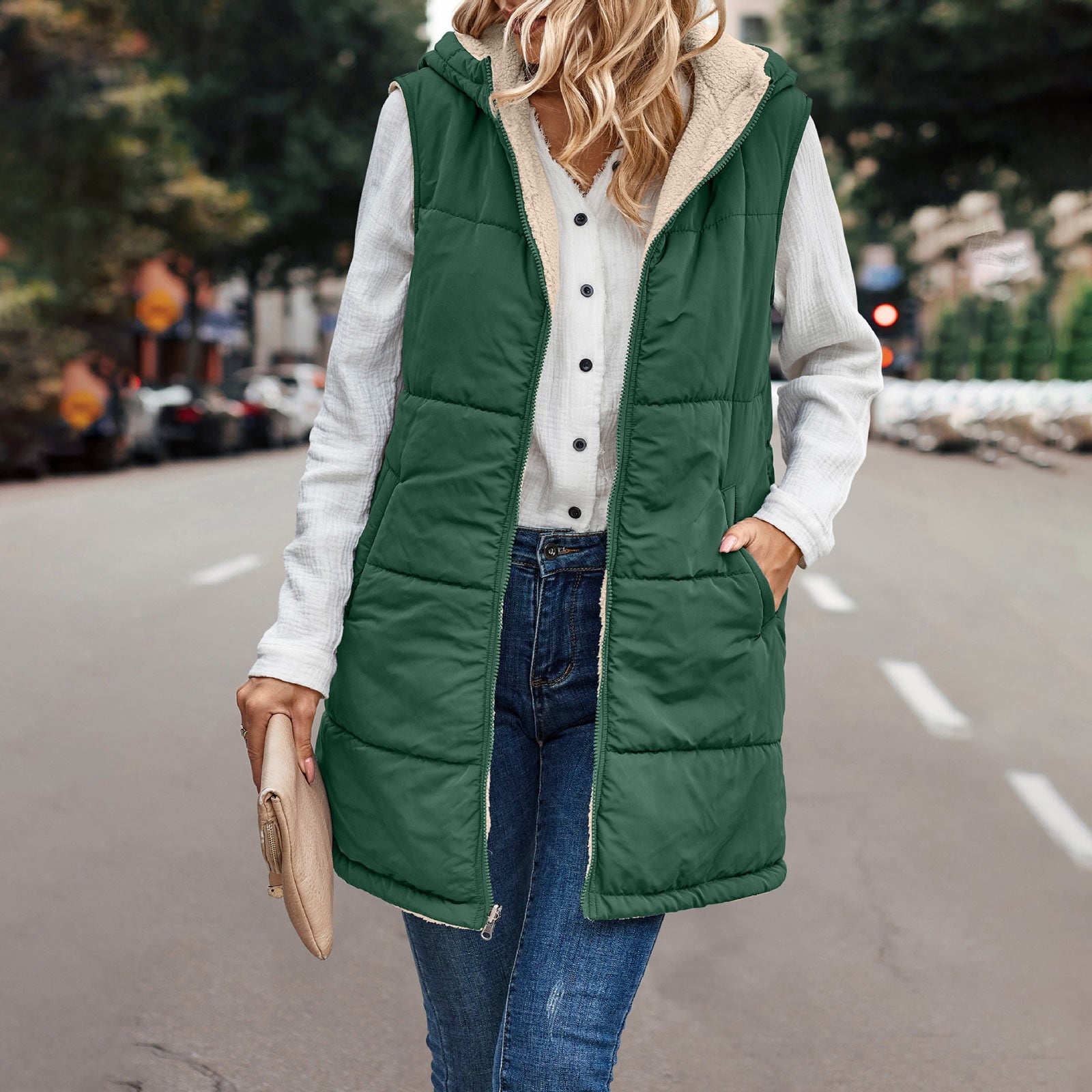 LTTVQM Long Puffer Vest Women Long Sherpa Fleece Full Zip Reversible Vest Warm Sleeveless Hoodie Outerwear with Pocket Dark Green M
