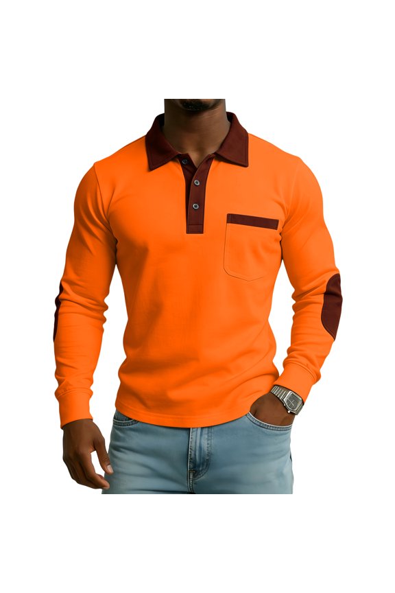 Long Sleeve Blouses for Men Classic Stand Collar Quarter Button Up Pullover Elbow Patches Shirts Orange S