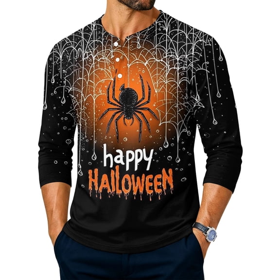 LTTVQM Long Sleeve Henley Shirts for Men 2026 Two Tone Split Ghost Halloween Print Casual Long Sleeve Athletic Stand Collar Autumn Tops Black S