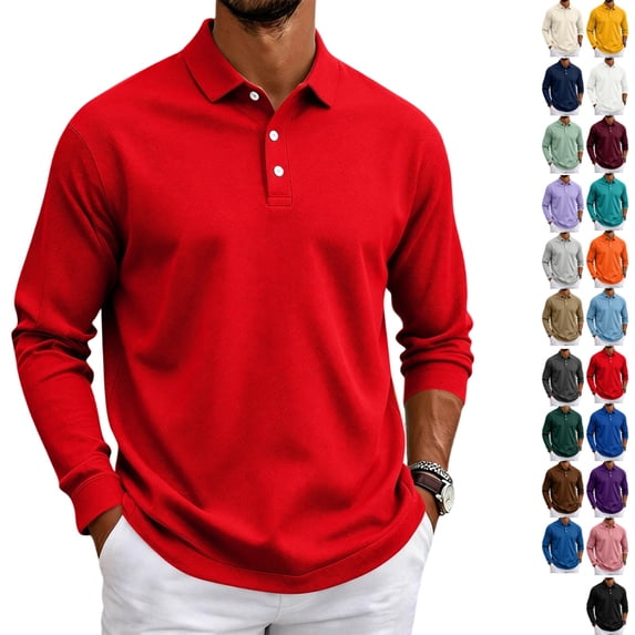 LTTVQM Long Sleeve Polo Shirt for Men Wrinkle Resistant Collared Casual Golf Shirt Solid Tone Breathable Travel Daily Top Red XL