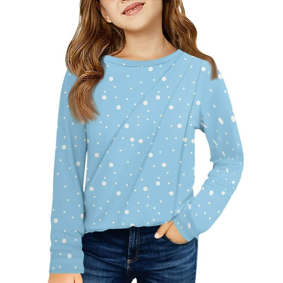 LTTVQM Long Sleeve Shirts for Girls Size 7-8 Casual Fall Winter Polka Dots Graphic Tunic Tops Loose Fit Crew Neck Blouse Holiday T-Shirts Light Blue 7-8 Years