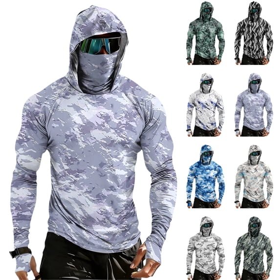 LTTVQM Long Sleeve Shirts for Men with Face Cover UPF 50+ Sun Protection Camo Hoodie Running Rash Guard Lightweight Shirts Athletic Trendy Tops Gray L