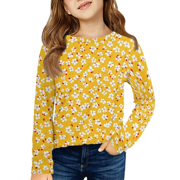 LTTVQM Long Sleeve Shirts for Toddler Girls 4-5 Casual Fall Winter Floral Graphic Tunic Tops Basic Crew Neck Blouses Holiday T-Shirts Yellow 4-5 Years