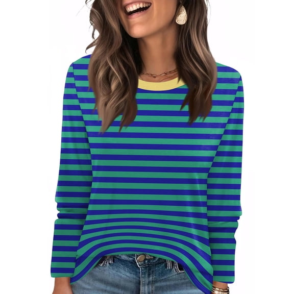 LTTVQM Long Sleeve Shirts for Women Striped Crewneck Workout Cute Blouses Casual Loose Fit Tops Spring Fall Fashion 2026 Blue S