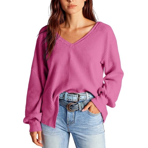 LTTVQM Long Sleeve T Shirts for Women V Neck Pullover Casual Loose Fit Fall Sweater Tunic Spring Winter Fashion Clothes Hot Pink XL