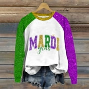 LTTVQM Mardi Oversized Tshirts for Women Carnival Party Mask Print Pullover Casual Sweaters Long Sleeve Crew Neck Sweatshirts Holiday Graphic Parade Shirts Gifts for Girlfriend Army Green M
