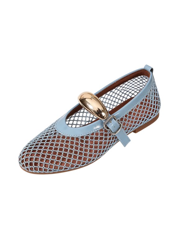 Mary Jane Shoes Women Mesh Hollow Out Pointed Toe Slip-On Double Strap Casual Ballet Flats Comfortable Breathable Arch Support Dance Flat Shoes Blue 40(US-8)