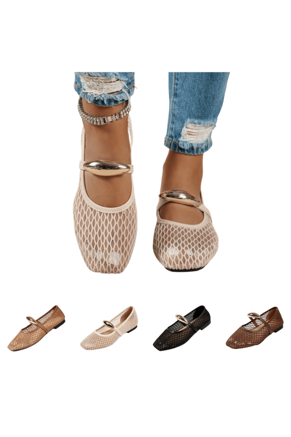 Mary Jane Shoes Women Woven Hollow Out Closed Square Ballet Flats Dressy Casual Comfortable Work Walking Shoes Beige 36(US-5.5)