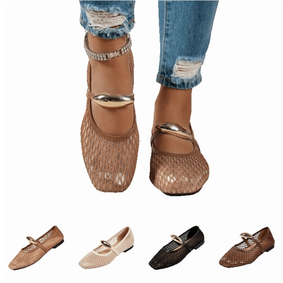 LTTVQM Mary Jane Shoes Women Woven Hollow Out Closed Square Ballet Flats Dressy Casual Comfortable Work Walking Shoes Khaki 41(US-8.5)