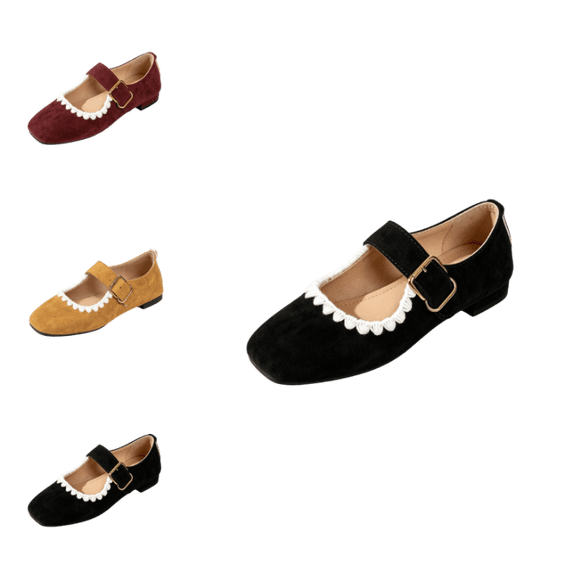 LTTVQM Mary Janes Shoes Women Low Top Suede Square Toe Slip-On Dress Ballet Flats with Adjustable Strap Non Slip Comfortable Outdoor Walking Work Office Shoes Black 42(US-9)