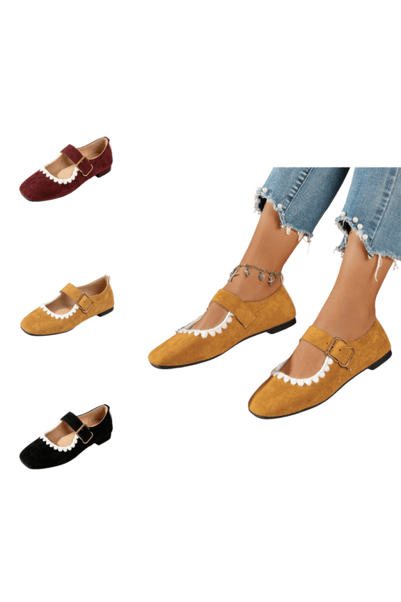 Mary Janes Shoes Women Low Top Suede Square Toe Slip-On Dress Ballet Flats with Adjustable Strap Non Slip Comfortable Outdoor Walking Work Office Shoes Camel 40(US-8)