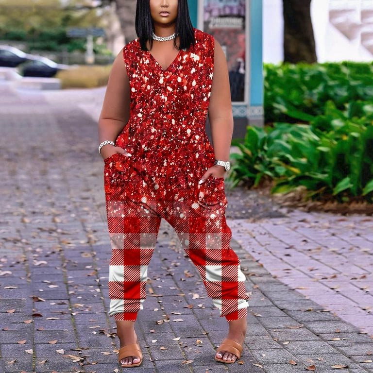 LTTVQM Maternity Jumpsuit V Neck Zipper Wide Long Jumpsuits Plus Size Sleeveless Rompers Jumpsuit Baggy Bib Overalls Plaid Print Rompers with Pockets
