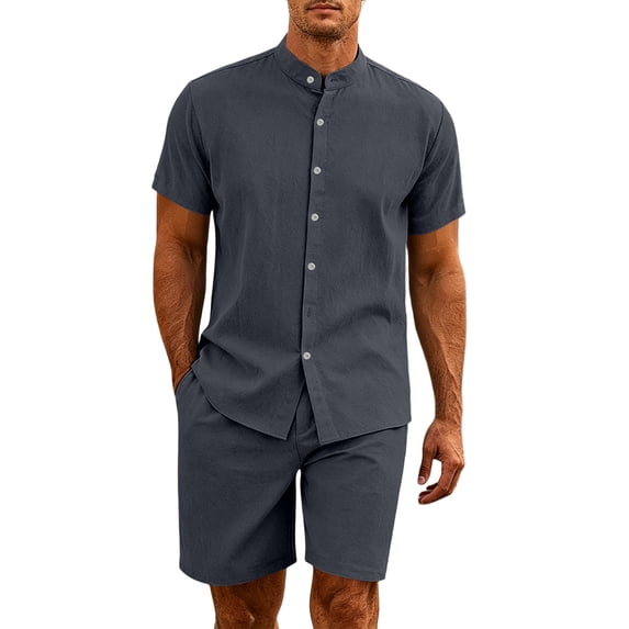 LTTVQM Men Comfort Solid Color Cotton Linen Stand Collar Top Relax Fit Drawcord Waist Short Pants Summer Casual Home Outfit Set Dark Gray L