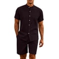 thumbnail image 1 of LTTVQM Men Loose Casual Plain Cotton Linen Stand Neck Button Shirt Elastic Drawcord Relaxed Short Pant Daily Summer Outfit Suit Wine 3XL, 1 of 6
