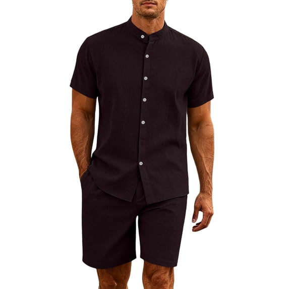 LTTVQM Men Loose Casual Plain Cotton Linen Stand Neck Button Shirt Elastic Drawcord Relaxed Short Pant Daily Summer Outfit Suit Wine 3XL