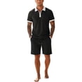 thumbnail image 1 of LTTVQM Men Relaxed Fit Summer Waffle Fabric Contrast Collar Polo Shirt Elasticated Drawstring Shorts Casual Resort Tracksuit Black M, 1 of 9